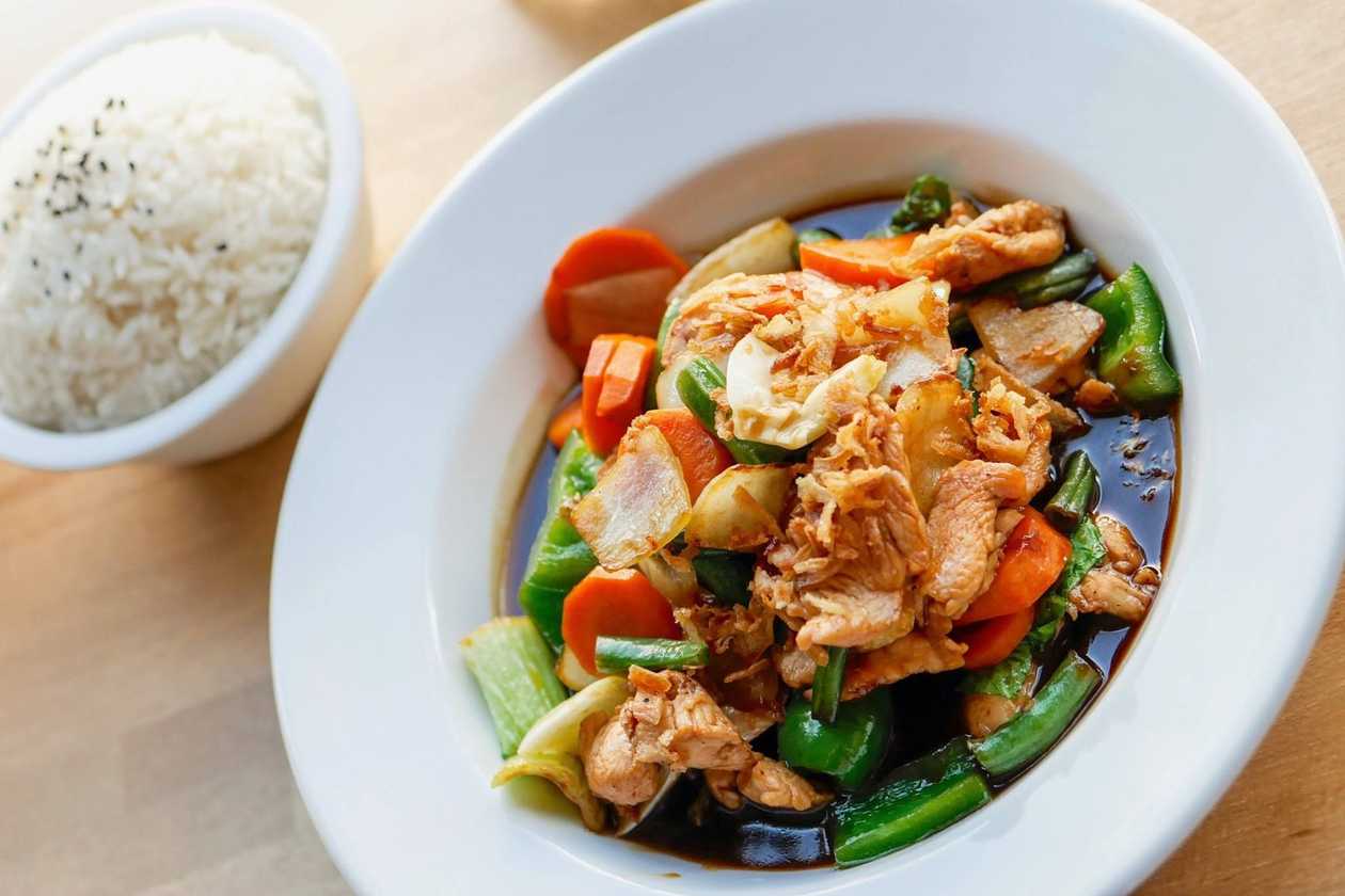 Teriyaki (honey soy sauce) with pak choi lettuce, paprika, rice and Tofu/Chicken / Beef / Shrimp/ Duck