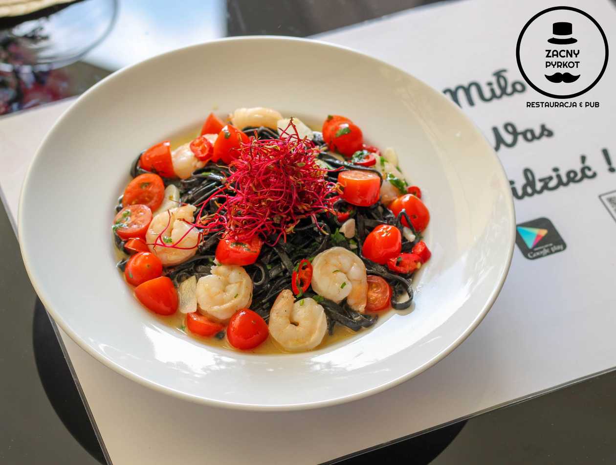 Black Tagliolini (Inked with Squid Ink) with Shrimps, Pepperoni Peppers in Wine and Butter Sauce