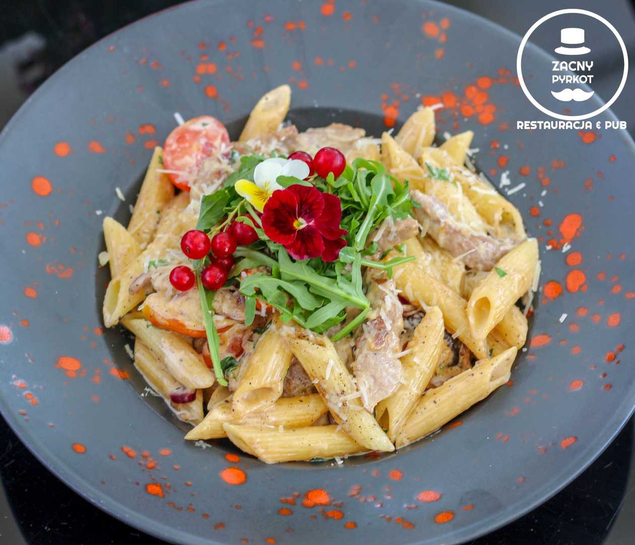 Tagliatelle with Pork Tenderloin in an Aromatic Sauce of Forest Mushrooms with Cherry Tomatoes