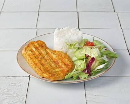 Coated Chicken Breast Cutlet, Mashed Potatoes, Cucumber with Cream