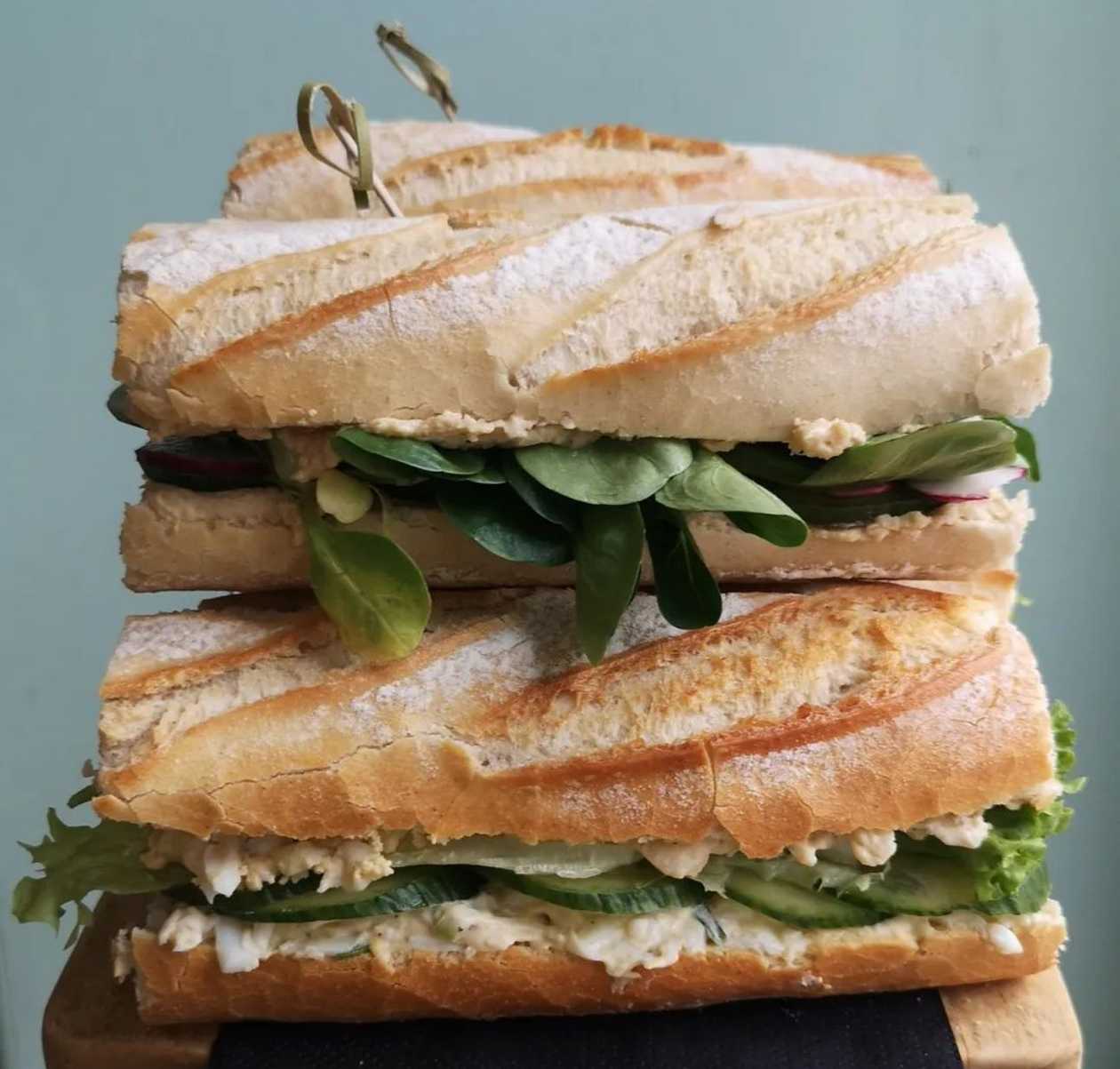 Baguette with Hummus, Vegetables, Chicken and Herbs