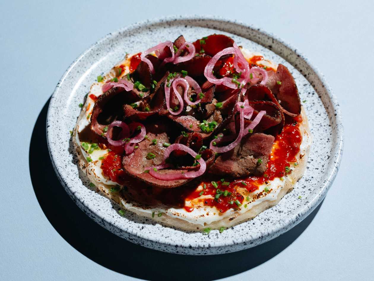Flatbread with Roasted Peppers and Pastrami