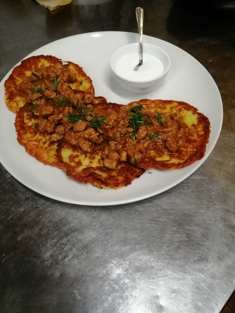 Potato Pancakes with Beef Goulash