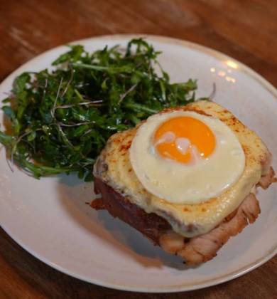 Croque Madame with Sous-Vide Chicken, Fried Egg, and Fresh Lettuce Leaves